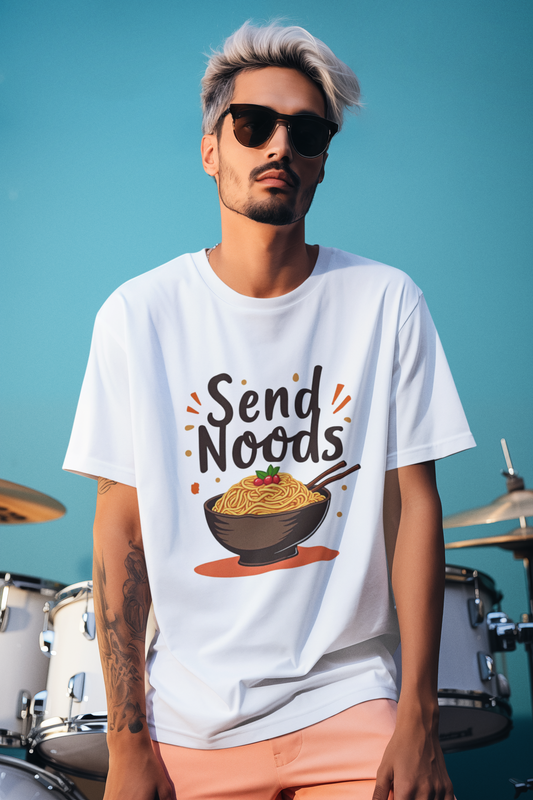 A man with light hair and sunglasses stands by a drum set, wearing a Printify Send Noods T-Shirt—a funny ramen noodle pun tee for foodies and humor lovers.