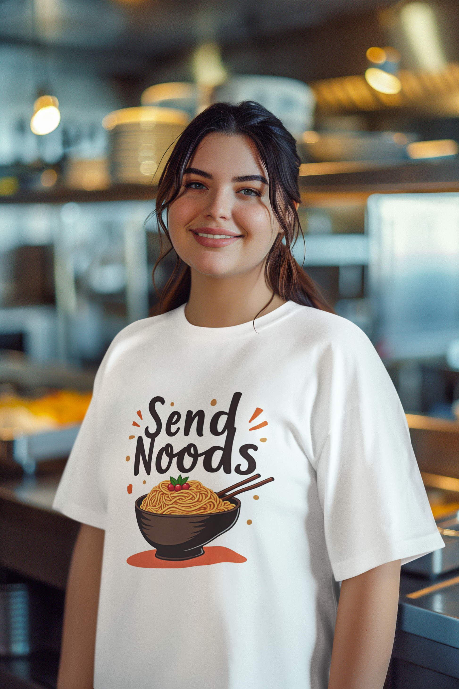 A woman in a kitchen smiles at the camera, wearing a white Printify Send Noods T-Shirt – Funny Ramen Noodle Pun Tee for Foodies & Humor Lovers, featuring a cartoon noodle bowl and playful Send Noods text.