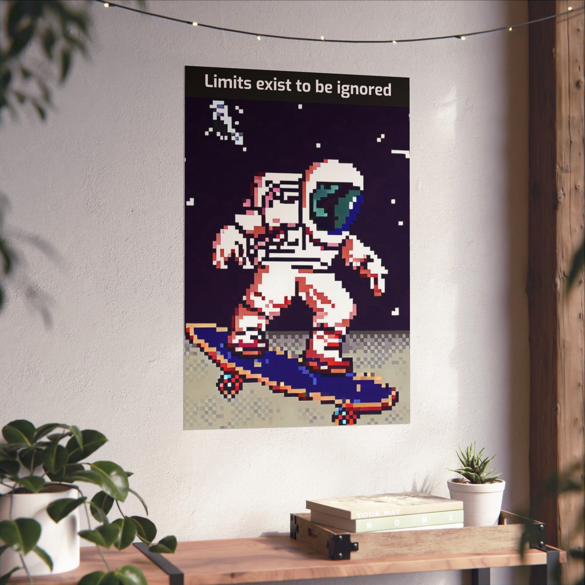 Printify astronaut skateboard motivational poster with pixel art astronaut skateboarding in space