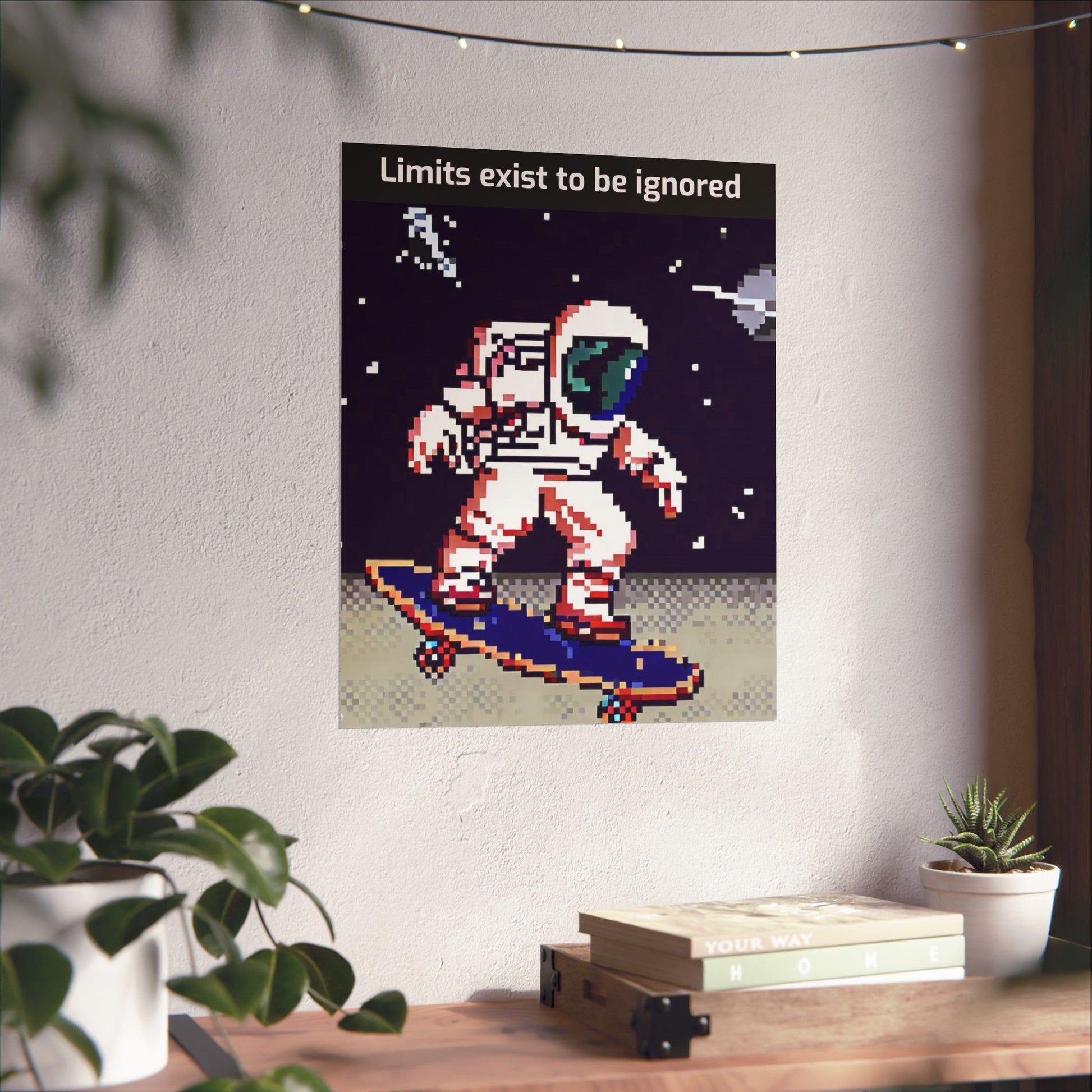 Printify astronaut skateboard motivational poster featuring pixel art astronaut riding a skateboard with the quote Limits exist to be ignored