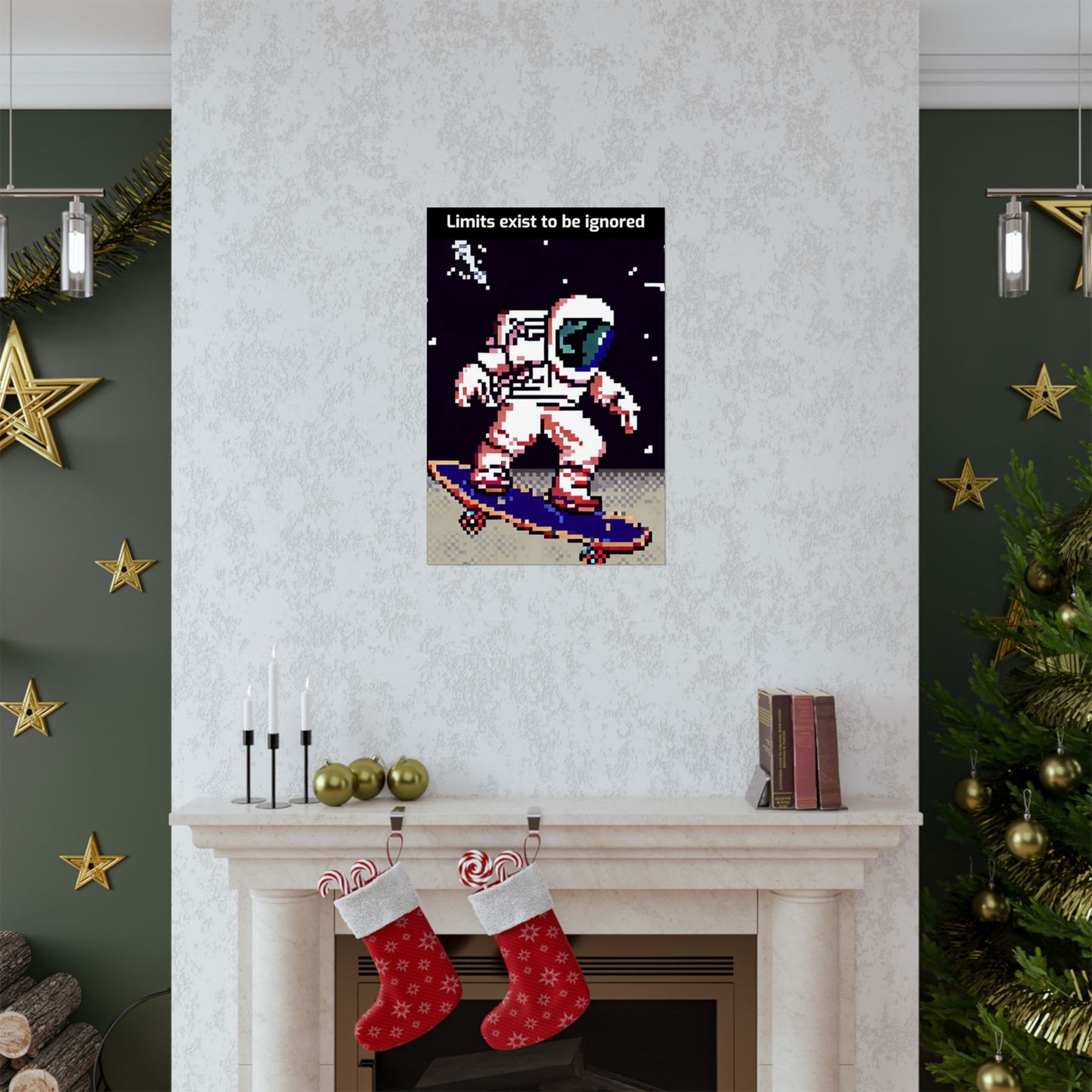 Astronaut skateboard motivational poster by Printify featuring pixel art astronaut skating in space
