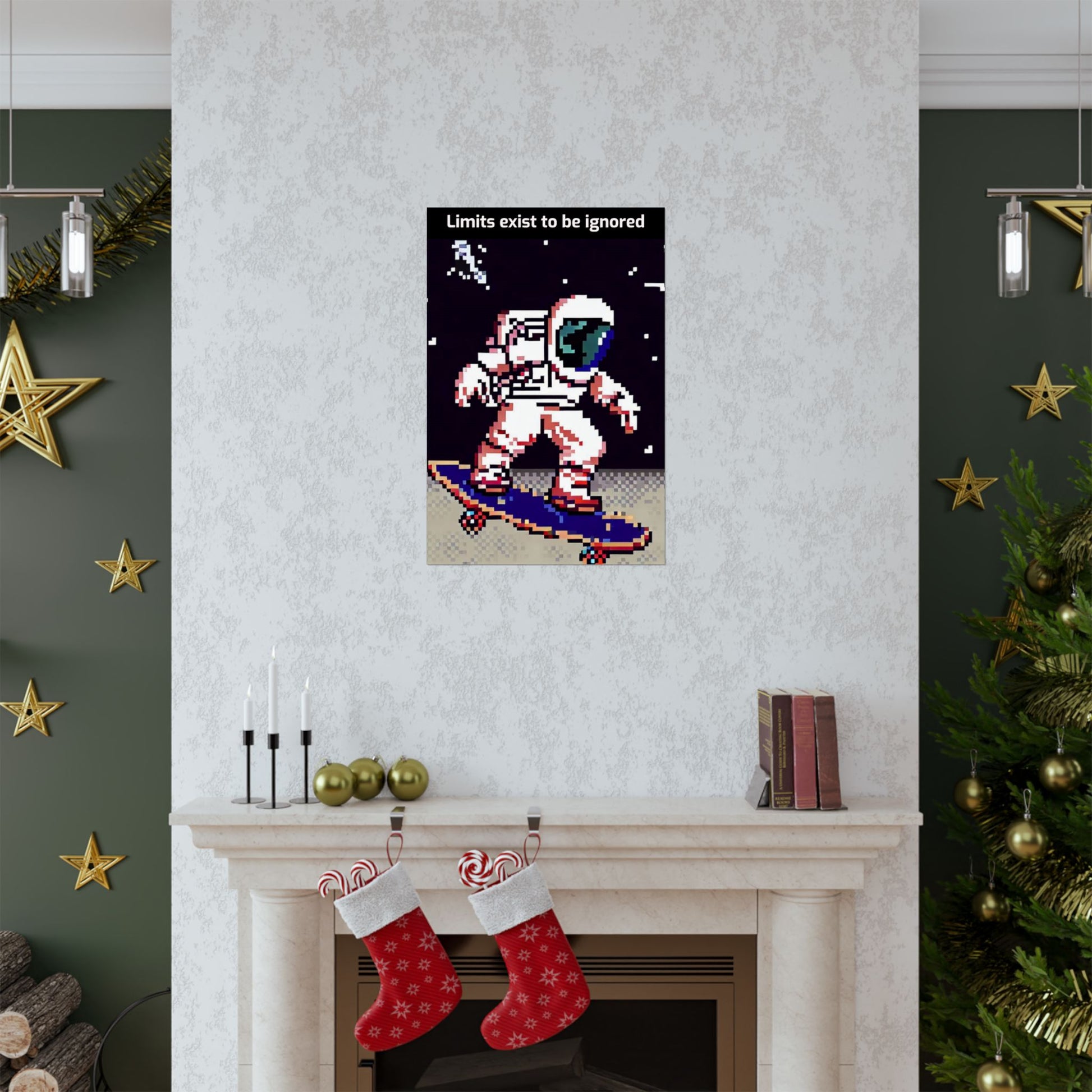 Astronaut skateboard motivational poster by Printify featuring pixel art astronaut skating in space