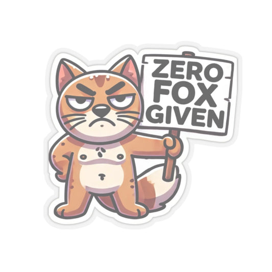 cute sarcastic animal zero fox given pun sticker showing grumpy cartoon fox holding a sign with bold text