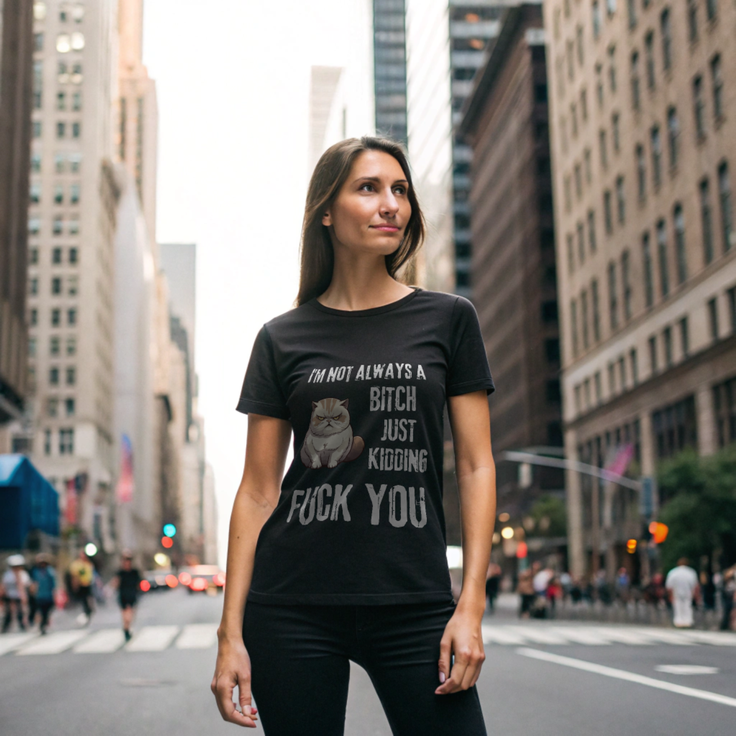 Woman wearing Printify black I'm Not Always a Bitch Cat Unisex Shirt . with cat graphic on city street