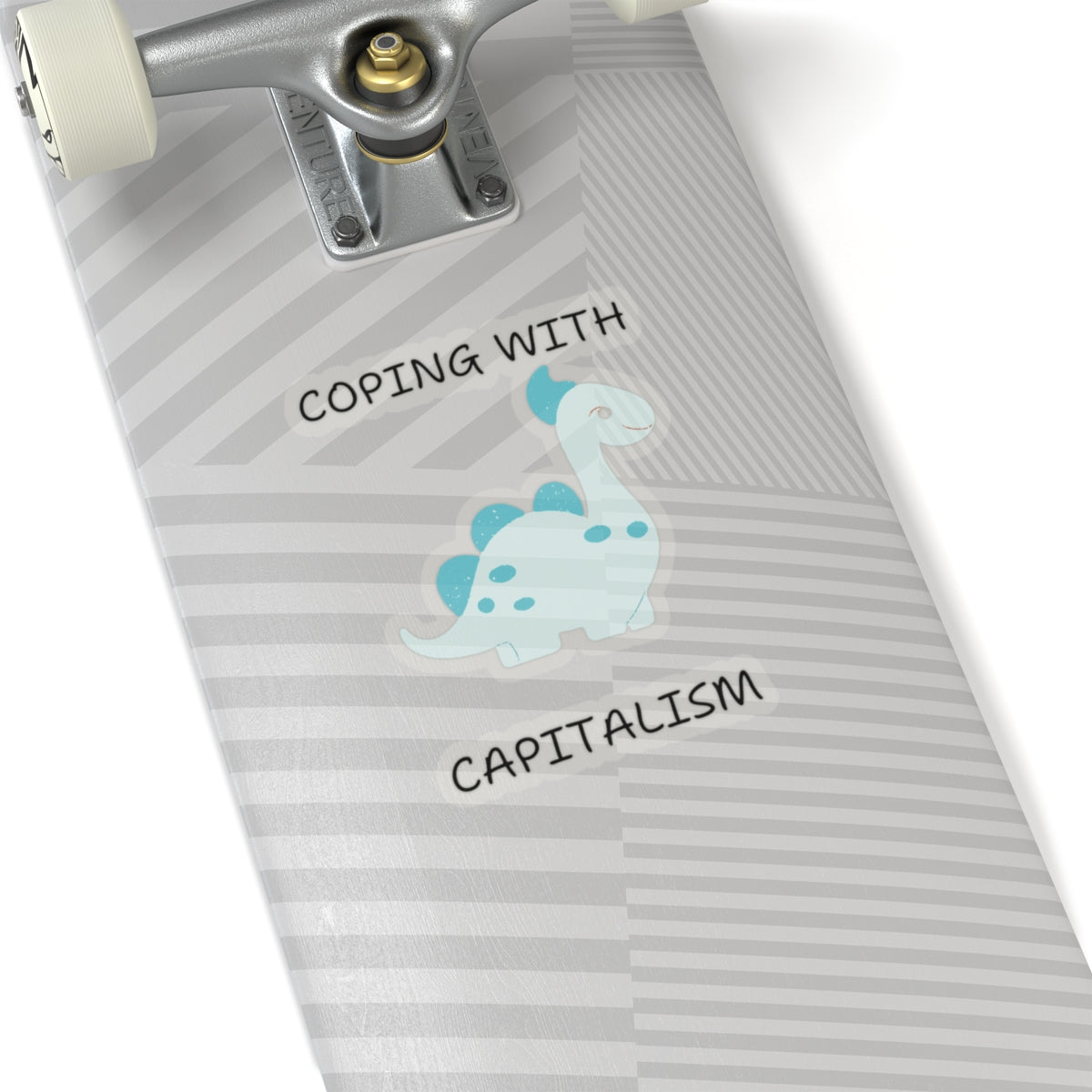 Unique sarcastic cute dinosaur sticker on a skateboard deck with coping with capitalism text
