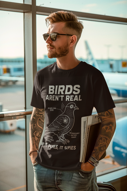 Man at airport wearing black Printify T shirt with birds aren't real meme shirt showing pigeon schematic design