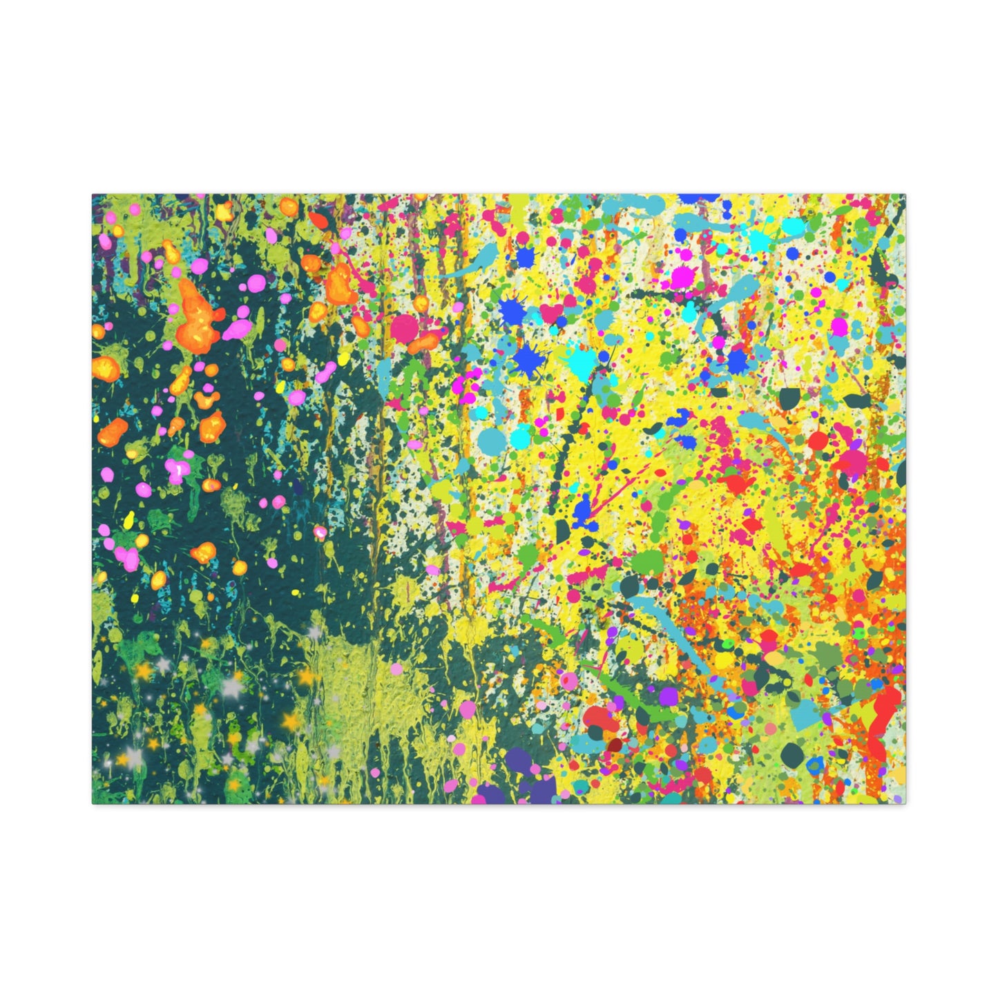 Vibrant colorful paint splatter abstract art canvas print featuring dynamic splashes of color